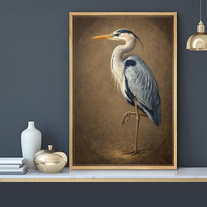 MUDECOR Framed Canvas Print Wall Art Classic Heron Portrait in Vintage Natural Style Illustrations Minimalism Decorative Bohemian Zen for Living Room, Bedroom, Office - 24"x36" NATURAL