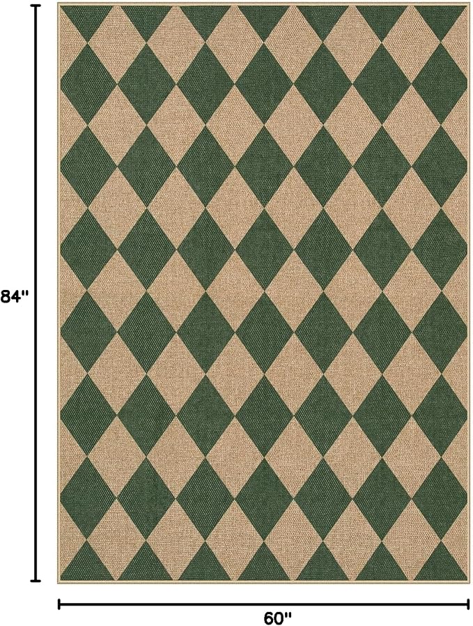 Lahome Colette Checkered Outdoor Rug 5x7, Washable Rug for Living Room Office Indoor Outdoor Carpet, Farmhouse Non Slip Non Shedding Green Carpet for Dining Room Sunroom Patio Courtyard