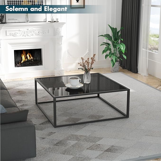 SAYGOER Black Glass Coffee Table Small Modern Coffee Tables 26.7in Square Tempered Glass-Top Accent Center Table for Living Room Home Office with Black Metal Frame Easy Assembly