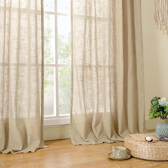 LAMIT Brown Linen Curtains for Bedroom, 72 Inch Length Light Filtering Semi Sheer Panels Back Tab and Rod Pocket Neutral Drapes for Living Room, 2 Panels, 34 x 72 Inch