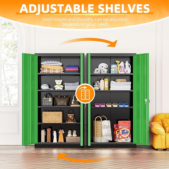 INTERGREAT Metal Storage Cabinet with Doors, 72" Locking Steel Storage Cabinet with Shelves, Tall Metal Cabinet Lockable Steel Cabinets for Home Office, Garage,(Black+Green)
