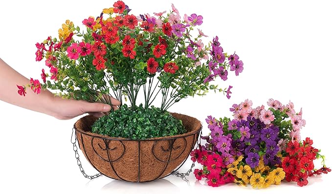 HyeFlora Artificial Fake Hanging Plants Flowers with Basket Outdoor Decor Faux Silk Dasiy Flower Arrangements in Pot Planter for Porch Home Indoor Patio Garden Yard Decoration