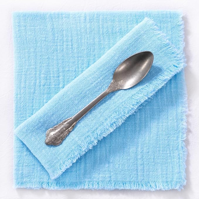 MLMC 6 Pack Baby Blue Cloth Napkins with Fringe Boho Linen Napkins Washable Reusable Rustic Dinner Table Decor 17"×17" for Wedding Party Bridal Baby Shower Gender Reveal Decor