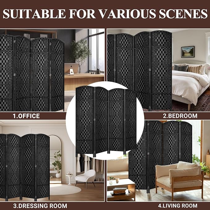 HALLYBEE Room Divider, Room Dividers and Folding Privacy Screens, 16in Privacy Screen, 4 Panel Temporary Wall Partitions, 6ft Space Separation Panel Screen, Black