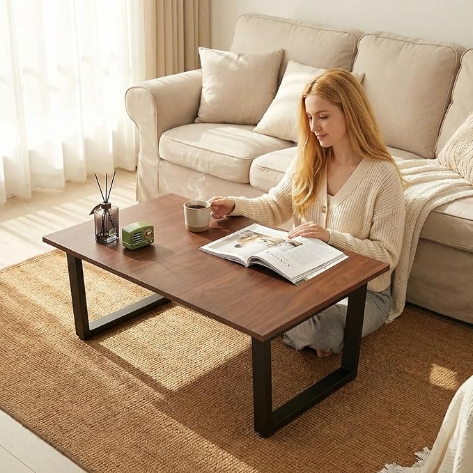 Walnut Folding Coffee Table: 35.5in Rustic Industrial Coffee Table, No Assembly Required, Modern Minimalist & Easy Storage Compact Design for Living Room, Bedroom, Home Office, Brown