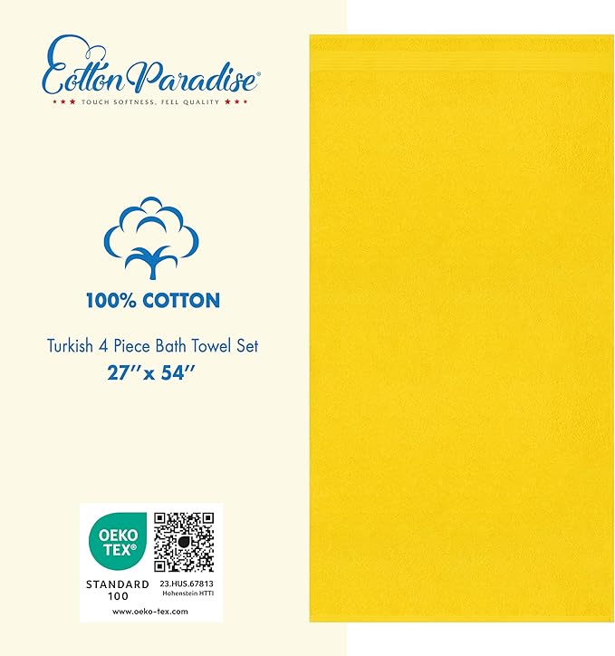 Cotton Paradise 100% Cotton Turkish Towel Set, Soft Absorbent Quick Dry, 4 Piece Bath Towel Set, Yellow