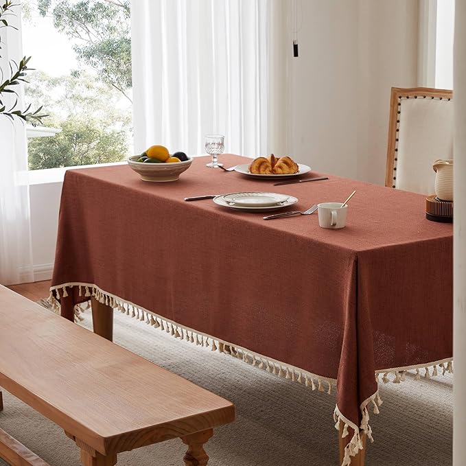 Linen Tablecloth with Tassels, Farmhouse Style Terracota Tablecloth, Water Resistant Burlap Tablecloths for Rectangle Table, 60x120 Inch Terracota