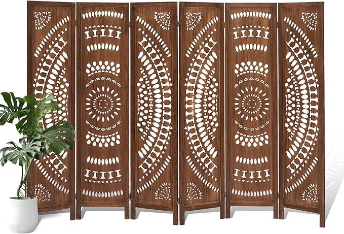 6 Panel Wood Room Divider Fully Assembled, Decorative Room Dividers and Folding Screens, 5.6Ft Room Divider Screen Freestanding Partition Wall Dividers for Home Bedroom Office, Dark Brown