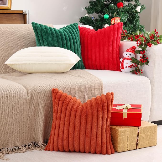 Pallene Faux Fur Plush Lumbar Throw Pillow Covers 12x20 Set of 2, Luxury Soft Fluffy Striped Decorative Pillow Covers for Sofa, Couch, Living Room, Christmas Green