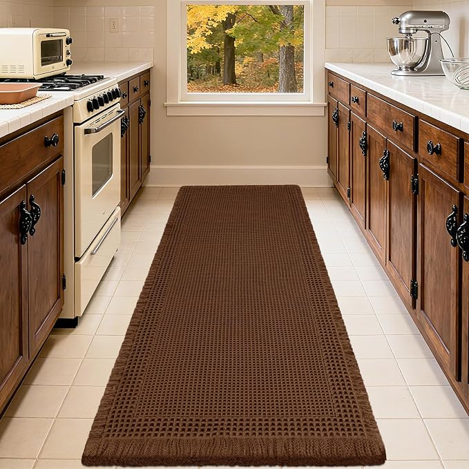Extra Large Waffle Bath Mat, Boho Woven Modern Bath Rug Absorbent Non Slip, Ultra Soft Bathroom Mats, Machine Washable Knit Bath Rugs with Tassels for Bathroom, Bedroom, Kitchen, Shower, 6'x2', Brown