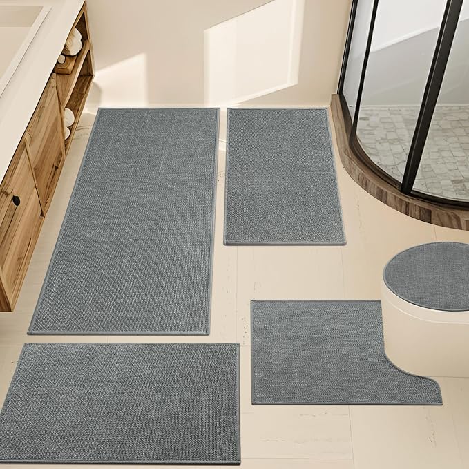 YIHOUSE Grey Bathroom Rug Sets 5 Piece, Absorbent Bath Mat for Bathroom Non Slip Washable, Bathroom Mat Quick Dry, Thin Bath Rug Set for Toilet and Floor