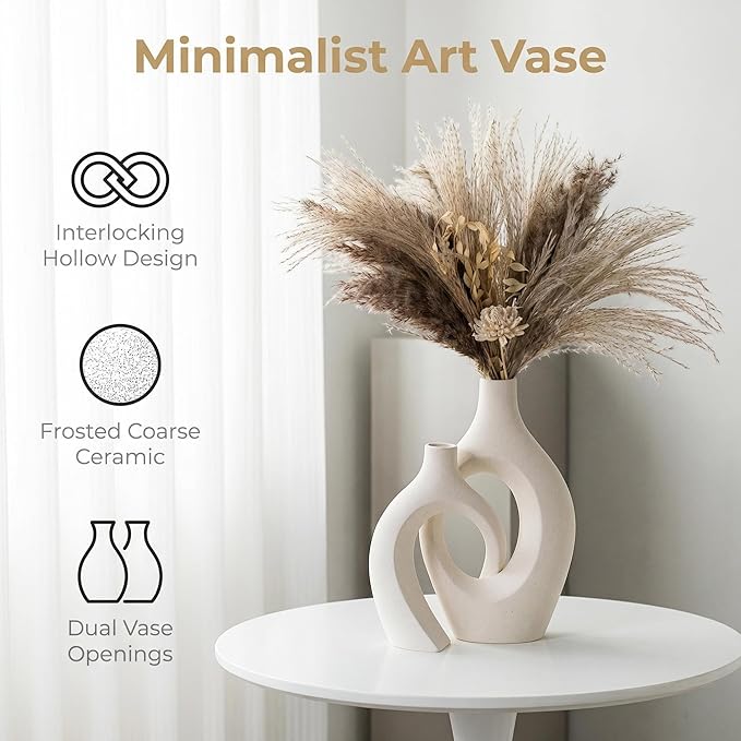 Snuggle Hollow XL Cream White Ceramic Vase Set of 2 for Coffee Table Decor, Modern Minimalist Aesthetic Donut Floral Vases, for Home Living Room Entryway Table Shelves Decorative (W 6.8" X H 11")
