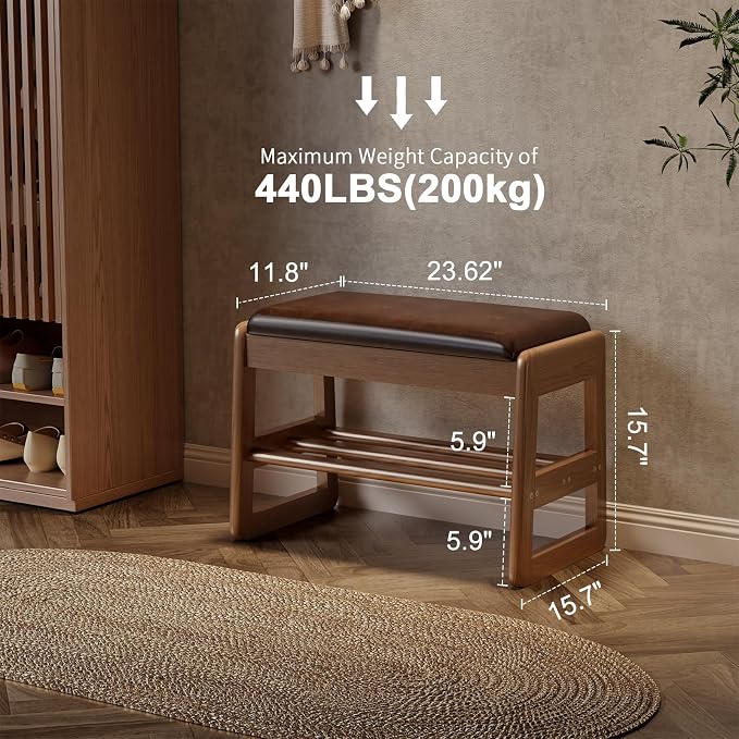 AQIMUELE Shoe Rack Bench,2 Tiers Shoe Bench with Storage with Flip-Top,Wood Shoe Rack for Entryway,Hallway（Dark Walnut Upholstered Seat,11.8" D x 23.62" W x 15.7" H）