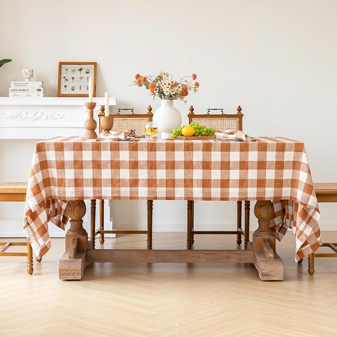Linen World Gingham Tablecloth – Buffalo Plaid Linen Tablecloth 120" x 60" Inch,100% French Flax Table Cloth for Dining Table,Weddings,Thanksgiving & Christmas Decor,Rust Checkered