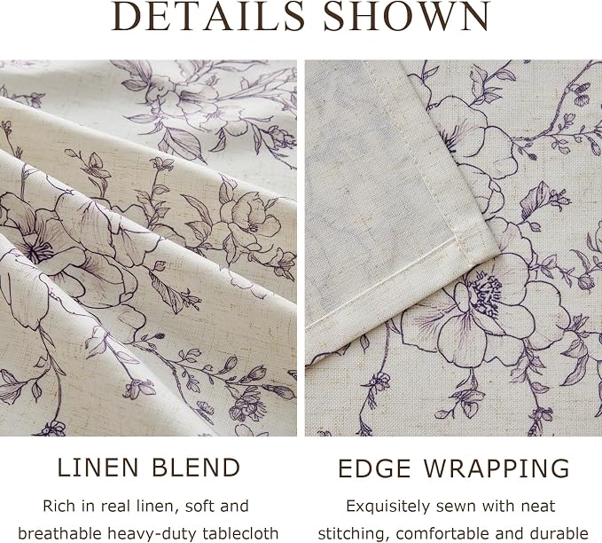 Linen Floral Rectangle Tablecloth Farmhouse Vintage French Rustic Tablecloths Purple Flowers Pattern Burlap Textured Outdoor Table Cover for Picnic,Dining,Party,Home Decor 55x120 Inch