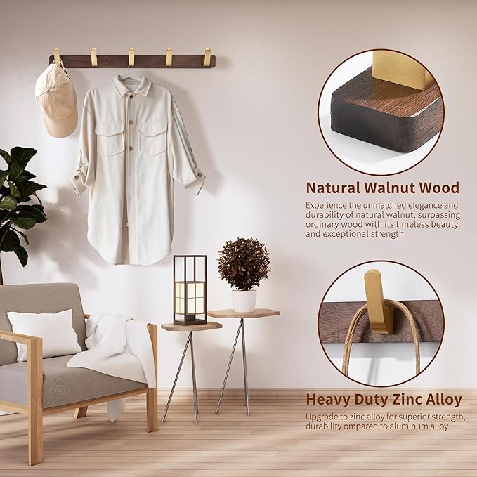 Wall Mounted Coat Rack, Entryway Hanging Coat Rack, Metal Wood Coat Rail with 5 Rustic Hooks Rail for Coat, Scarf, Bag, Towel, Key, Cap, Hat, Walnut Gold Matt
