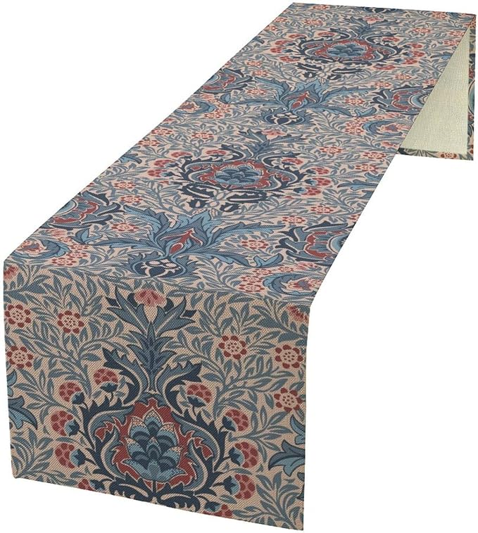 William Morris Flower Table Runner, Vintage Boho Style Floral Botanical Tree Plant Pattern Dinner Runner for Home Kitchen Dining Table Decoration 13x108 Inch