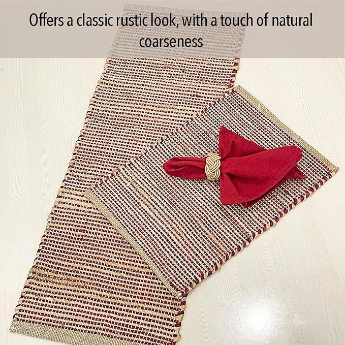Chardin home Natural Jute Table Runner 13x48 Inch – Vintage Boho Rustic Table Decor – Handwoven Table Runner in Natural Jute and Red – Farmhouse Dining or Console Table Accent