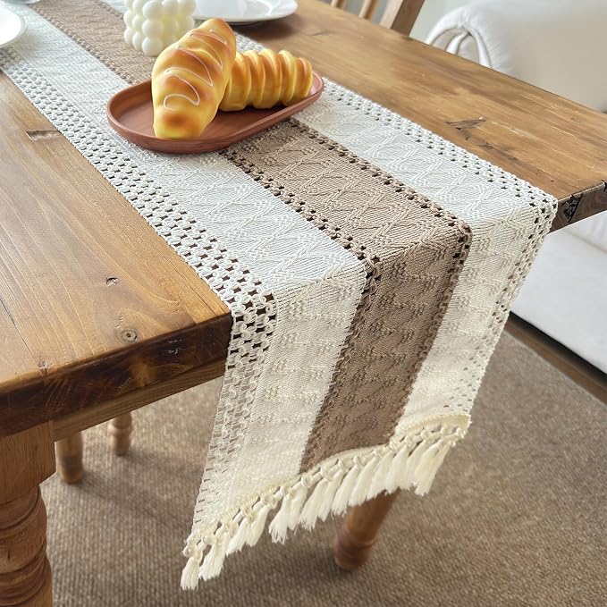 Boho Table Runner for Spring Home Decor with Tassels 72 Inches, Farmhouse Rustic Cream & Brown Table Runners for Bohemian Kitchen Summer Dining Table(12x72in, Fringe Included)