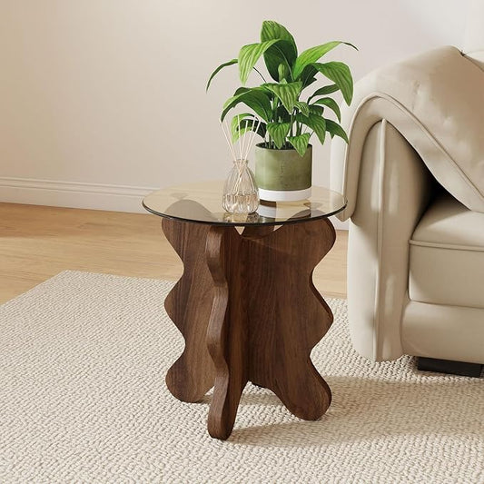 MDF Frame Side Table with Brown Tempered Glass Top, Mortise and Tenon Joint Design, No Screw Easy Assembly, Sturdy End Table for Living Room, Bedroom (Seaweed-Brown)
