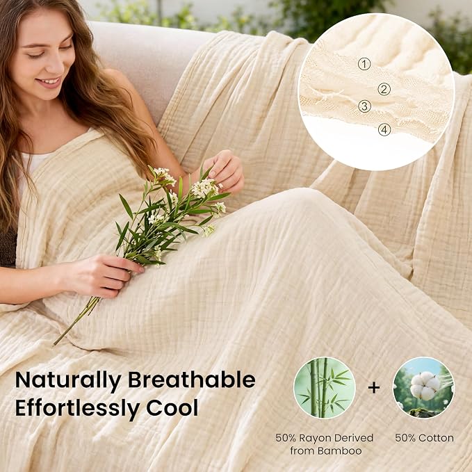 Love's cabin Cooling Muslin Blanket Queen Size, 50% Rayon Derived from Bamboo, 50% Cotton, 4-Layer Lightweight Breathable Summer Gauze Blanket for Bed, Soft for Hot Sleepers and Kids, 90"x90", Beige