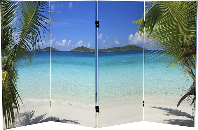 Red Lantern 3 ft. Short Double Sided Beach Canvas Folding Screen 4 Panel Freestanding Partition and Separator for Modern and Contemporary Bedroom, Home Office, Studio, Dorm, Apartment