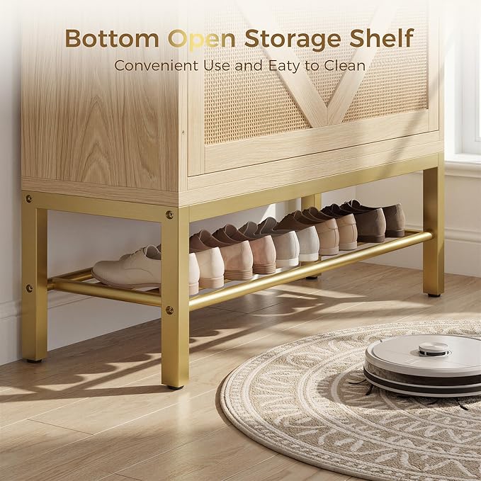 IRONCK Shoe Cabinet with 2 Flip Drawers, 48.3" H x 34.2" W x 10.2" D, Rattan Shoe Storage Organizer Cabinet with 4 Side Hooks, Free Standing Narrow Shoe Rack Cabinet for Entryway, Natural Oak