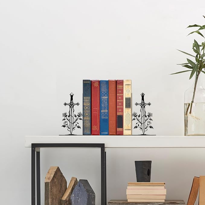 Charming Rose and Sword Design Novelty Bookends - Unique and Decorative Small Bookends for Home, Office.