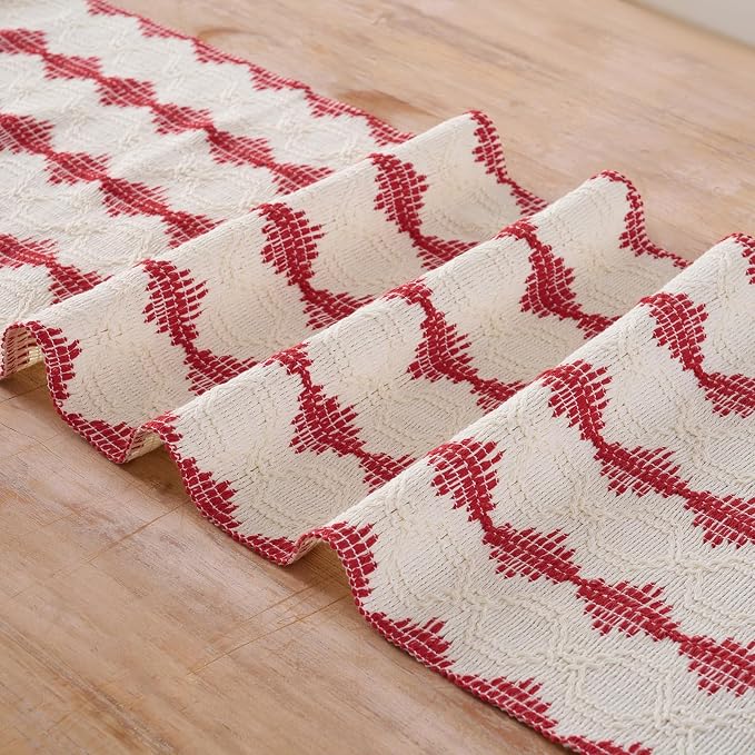 Fancy Homi Red Boho Cotton Polyester Table Runner 72 Inches Long, Farmhouse Macrame Table Runners with Tassels for Home Party Bohemian Rustic Bridal Shower Kitchen Dining Decor 12x72 Inches