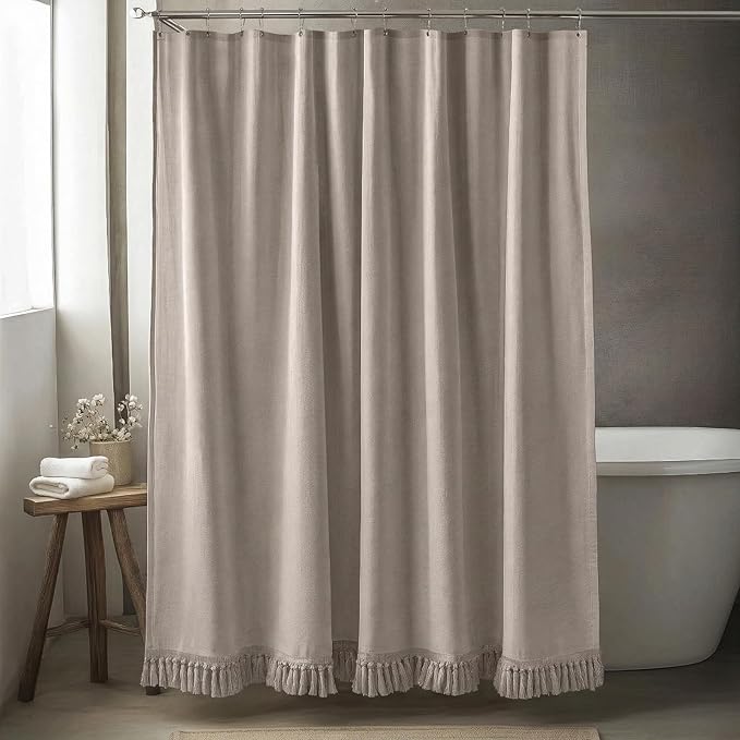 96inch Extra Long Shower Curtains 72 x 96 Inches Taupe Shower Curtain Linen Shower Curtain with Tassels Boho Shower Curtains for Bathroom Rustic Farmhouse Shower Curtains Bath Decor