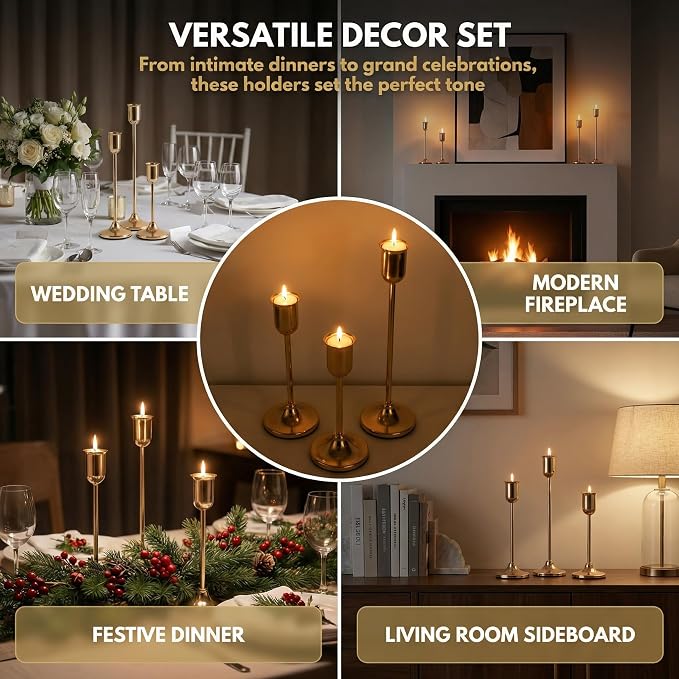 54 Pcs Gold Candlestick Holders Set - Vintage Brass Taper Candle Holder for Pillar Candles - Modern Decorative Centerpiece for Wedding Fireplace Mantel Decor - Cozy Atmosphere Housewarming Gift
