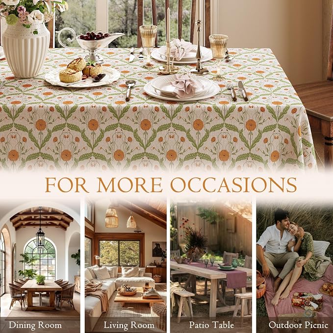 Block Print Thick Linen Tablecloth for Rectangle Tables, Waterproof Wipeable Decorative Table Cover for Dining Kitchen Indoor Outdoor, 63" x 91", 6-8 Seats