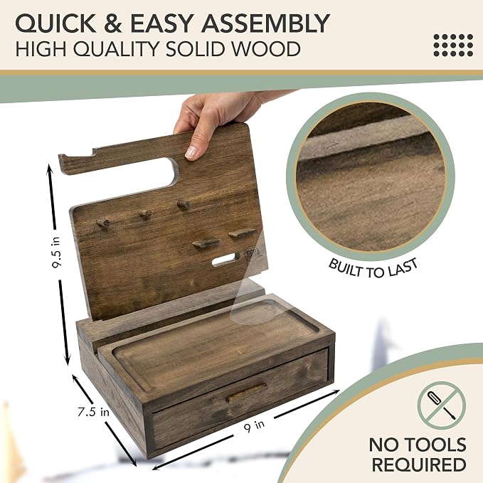 Nightstand Organizer for Men- Phone Docking Station with Drawer for Cellphone, Watches, Sunglasses & Accessories- Makes an Ideal Gift for Dad or Son (Rustic)