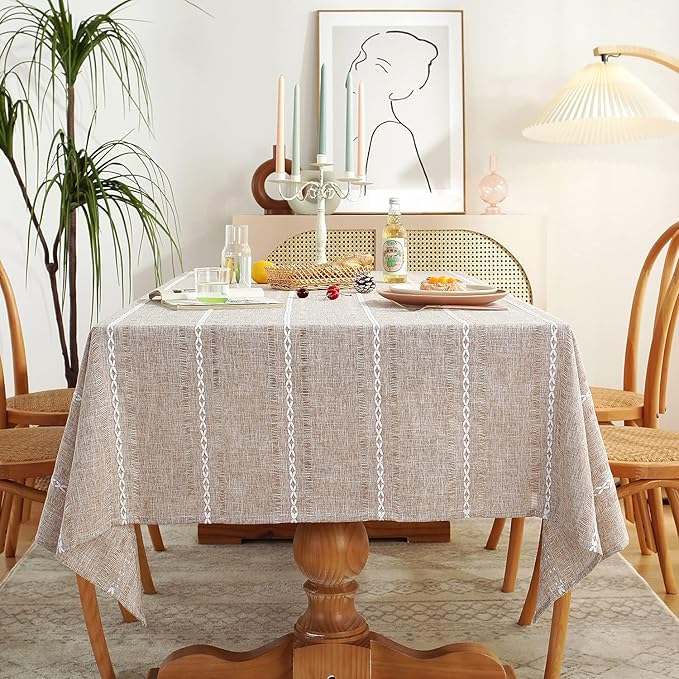 Chassic Square Tablecloth 60 x 60 Inch, Farmhouse Boho Linen Table Cloths, Wrinkle Free & Washable Tablecloths for Dining Tables, Neutral Kitchen & Dining Decor – Hemstitch Light Coffee