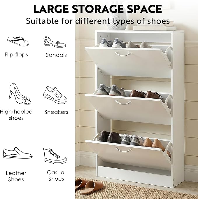 HOPUBUY Shoe Cabinet for Entryway, White Narrow Shoe Storage Cabinet with 3 Flip Drawers, Wood Slim Shoe Rack, 3 Tier Thin Shoe Organizer for Home and Apartment