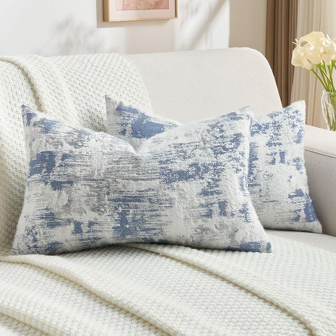 FUTEI Pack of 2 Faux Cashmere Jacquard Throw Pillow Covers 12x20 Inch Soft Marble Pattern Vintage Decorative Pillowcase Modern Farmhouse Accent for Couch Bed Living Room, Blue White