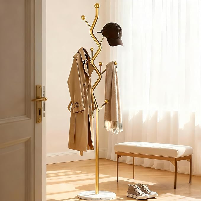 Modern Freestanding Coat Rack, Tree-Shaped Metal Hall Tree with 8 Hooks & Marble Base, Sturdy Entryway Organizer for Coats, Hats, Scarves, Purses, Ideal for Bedroom, Hallway, Office(Black)