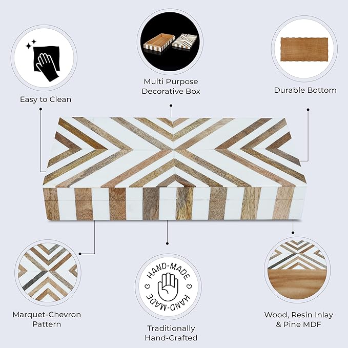 Handicrafts Home Large Decorative Storage Box with Lid Wooden Decorative Box Coffee Table Storage Box Living Room Organizer – Resin Inlay Marquet Chevron Collection - 12x6x2