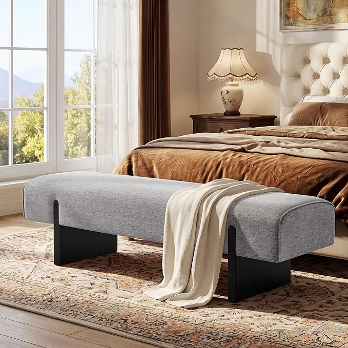 55’’ Upholstered End of Bed Bench, Linen Entryway Bench with Solid Wood Legs, Farmhouse Wooden Dining Room Bench for Bedroom, Living Room, Grey