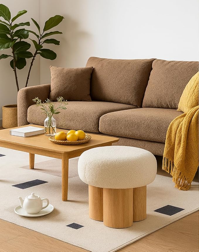 Round Foot Stool, Small Mushroom Ottoman Footstools Modern Pouf Boucle Ottoman, Teddy Foot Rest for Couch Sofa Comfy Floor Footrest Step Stool for Living Room,Bedroom,Desk,Office(Beige)