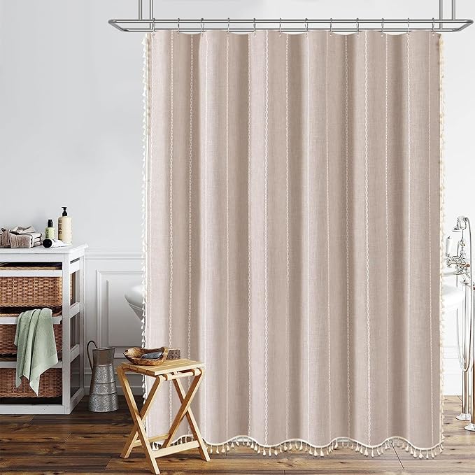 BTTN Stall Fabric Shower Curtain - 54x78 Boho Striped Linen Heavy Duty Tassel Shower Curtain Set with 10 Hooks, Narrow Rustic Modern Farmhouse Bohemian Thick Shower Curtains for Bathroom - Tan/Taupe