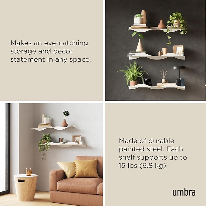 Umbra Surf Shelf Set of 2 – Sand Metal Floating Shelves for Wall Storage & Décor, Modern Wave Design, 100% Steel, Holds 15 lbs. Each, Easy Installation Shelving for Bedroom, Living Room & Office