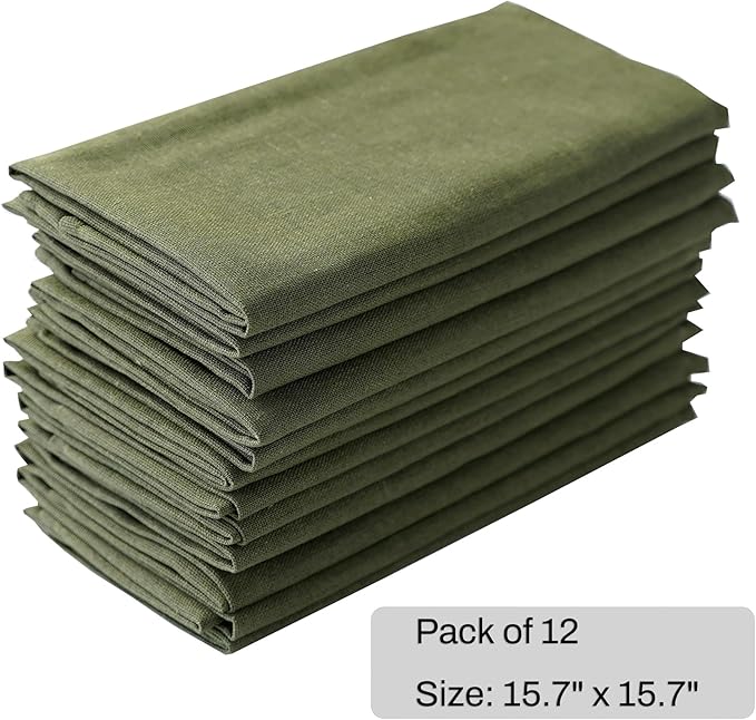Solid Color Polyester Linen Blended Thin Dinner Napkins - Pack of 12 (40 x 40 cm) - for Events & Home Use (Army Green)