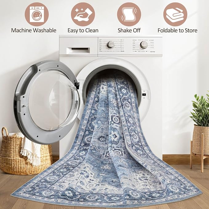 6x8 Area Rug Living Room: Washable Boho Large Neutral Vintage Soft Rug Stain Resistant Farmhouse Non-Slip Indoor Floor Retro Carpet for Bedroom Nursery Kids Office Dining Room- Blue Gray