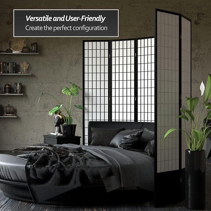 Red Lantern 7 ft. Tall Window Pane Shoji Screen - Black - 8 Panels