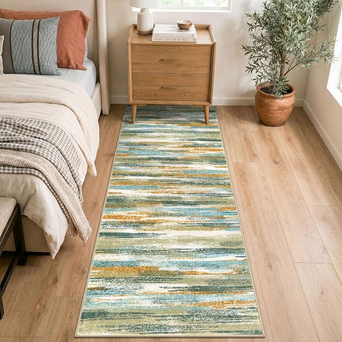 Lansny Modern Abstract Runners for Hallways 2.6x8, Washable Runner Rug Non-Slip Indoor Soft Thin Hallway Runner Rugs, Print Faux Wool Floor Carpet for Kitchen Entryway Bedroom, Green Mustard Multi