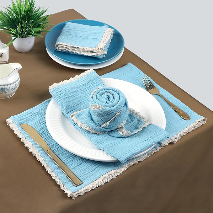 FINGERCRAFT Dinner Cloth Napkin Cotton Muslin Double Gauze 4 Pack with Classic Lace for Everyday Use, Wedding, Party, Christmas, Easter Napkins Cloth are Pre Shrunk and Good Absorbency Aqua Marine