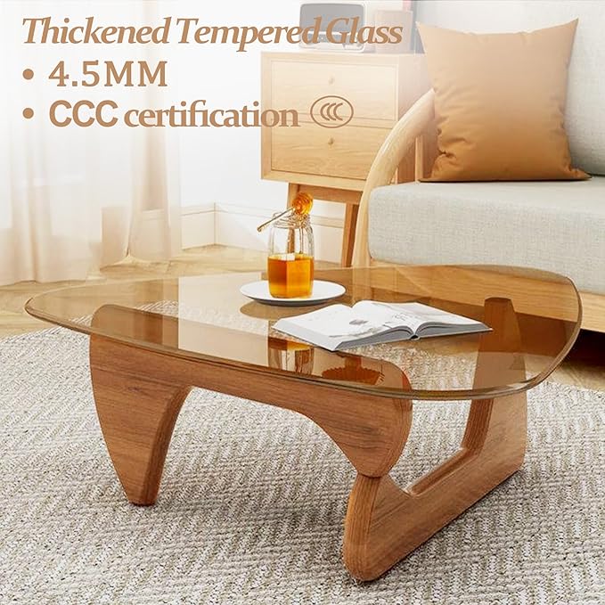 Glass Coffee Table Mid Century Modern Small Coffee Table with Tempered Glass Top & Solid Wooden Base, Abstract Brown Walnut Center Tea Tables for Living Room Home Office