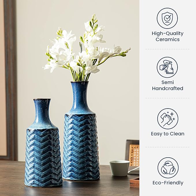 Glitzhome Blue Ceramic Vase Set, Modern Blue Vases for Home Decor, Farmhouse Vase for Centerpieces, Living Room, Mantel Centerpiece Shelf Decoration, Set of 2