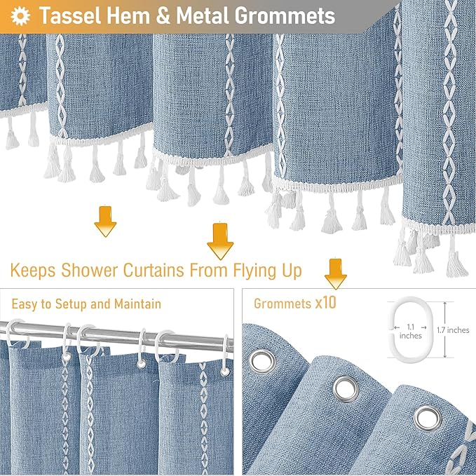 BTTN Stall Shower Curtain - 60x72 Narrow Boho Farmhouse Linen Vintage Striped Fabric Shower Curtain Set with 10 Hooks, Bohemian Cottage Decorative Heavy Duty Cloth Shower Curtains for Bathroom - Blue